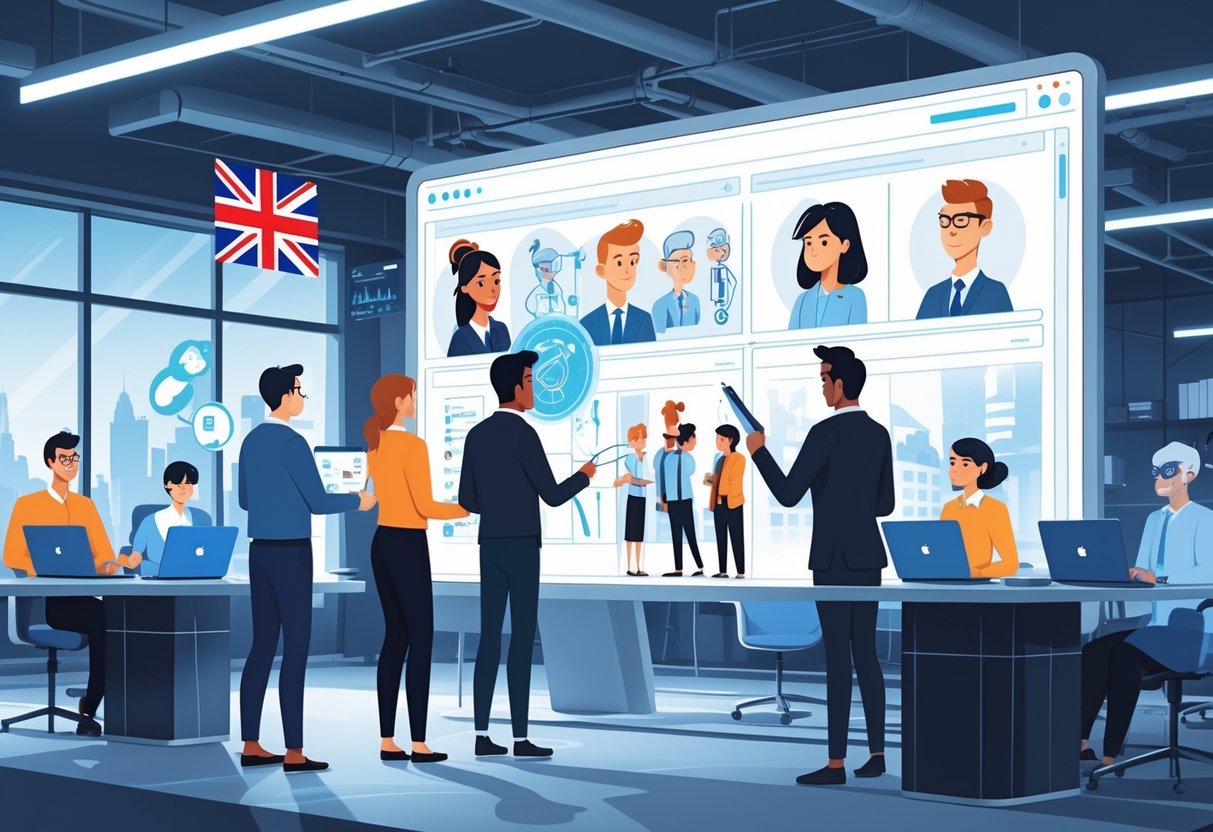 A team of creative professionals working together in a modern office with digital screens showing animated characters and storyboards, using advanced technology and AI tools.