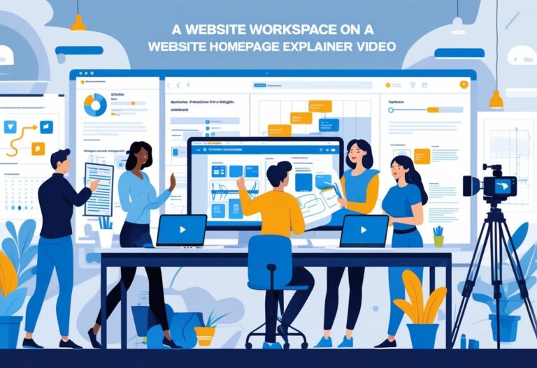 A team working together in an office setting to create a website explainer video, with computers, storyboards, and video production equipment around them.