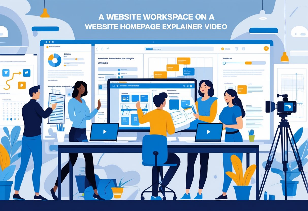 A team working together in an office setting to create a website explainer video, with computers, storyboards, and video production equipment around them.