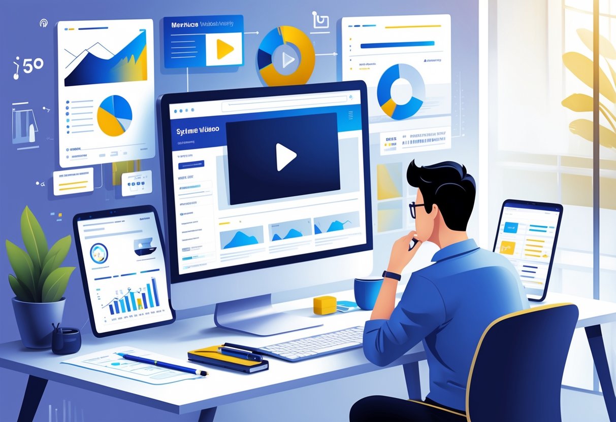 A person working at a desk with a computer showing an explainer video on a website homepage, surrounded by charts and digital marketing icons.