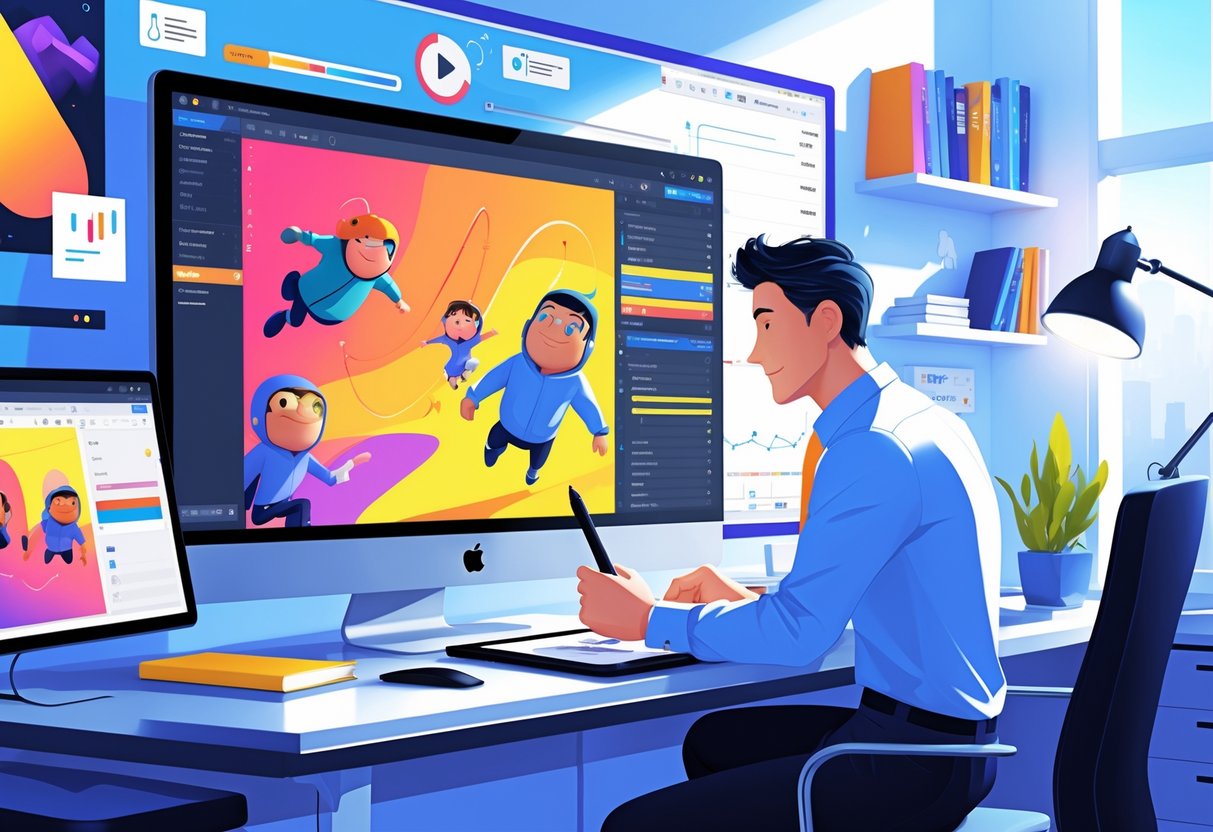 A person working at a computer on a 2D animation project in a modern office workspace.