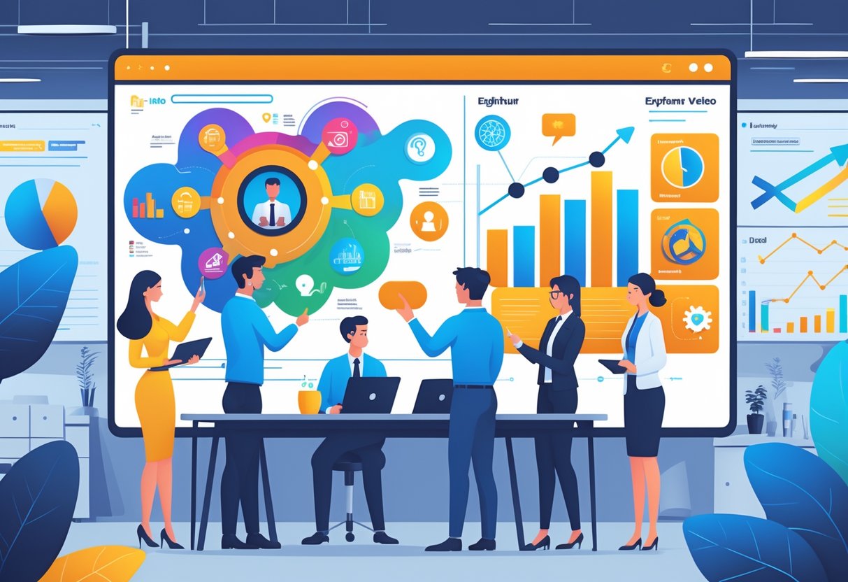 A team of professionals working together in an office, looking at a large screen showing a storyboard for an explainer video about a product launch.