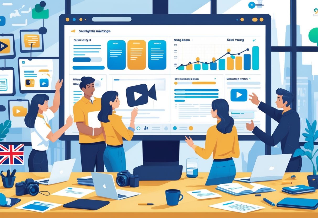 A team working together in an office on creating explainer videos for a product launch, with video editing screens and marketing icons around them.