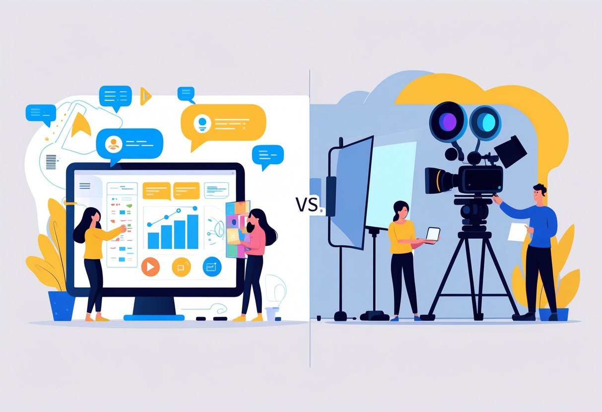 A split scene showing animated characters with digital icons on one side and real actors with video equipment on the other side.