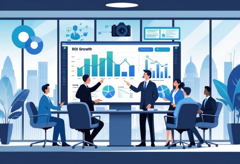 A group of professionals in an office discussing charts and video production icons with a city skyline visible through the windows.