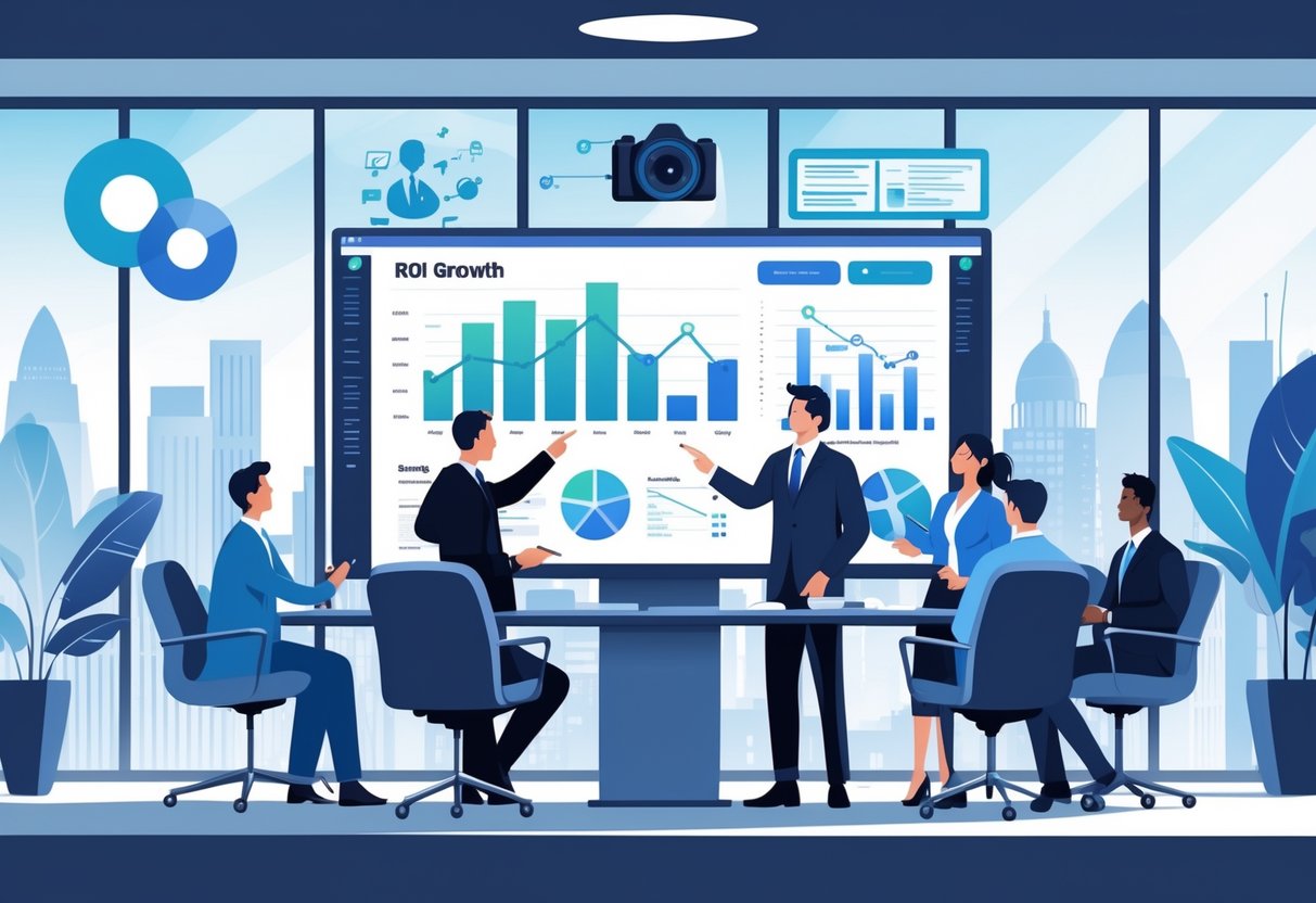 A group of professionals in an office discussing charts and video production icons with a city skyline visible through the windows.