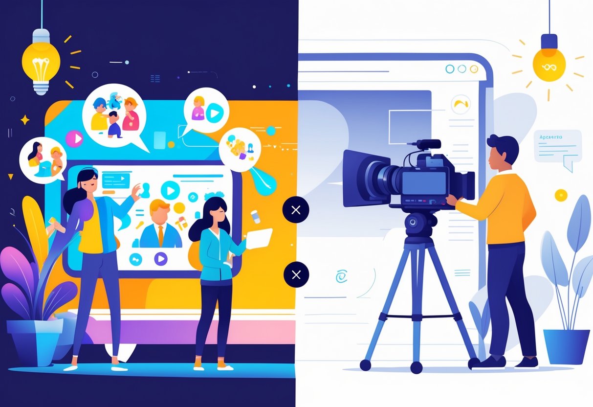 A split scene showing animated characters and graphics on one side and a live action video shoot with a presenter and camera crew on the other side.