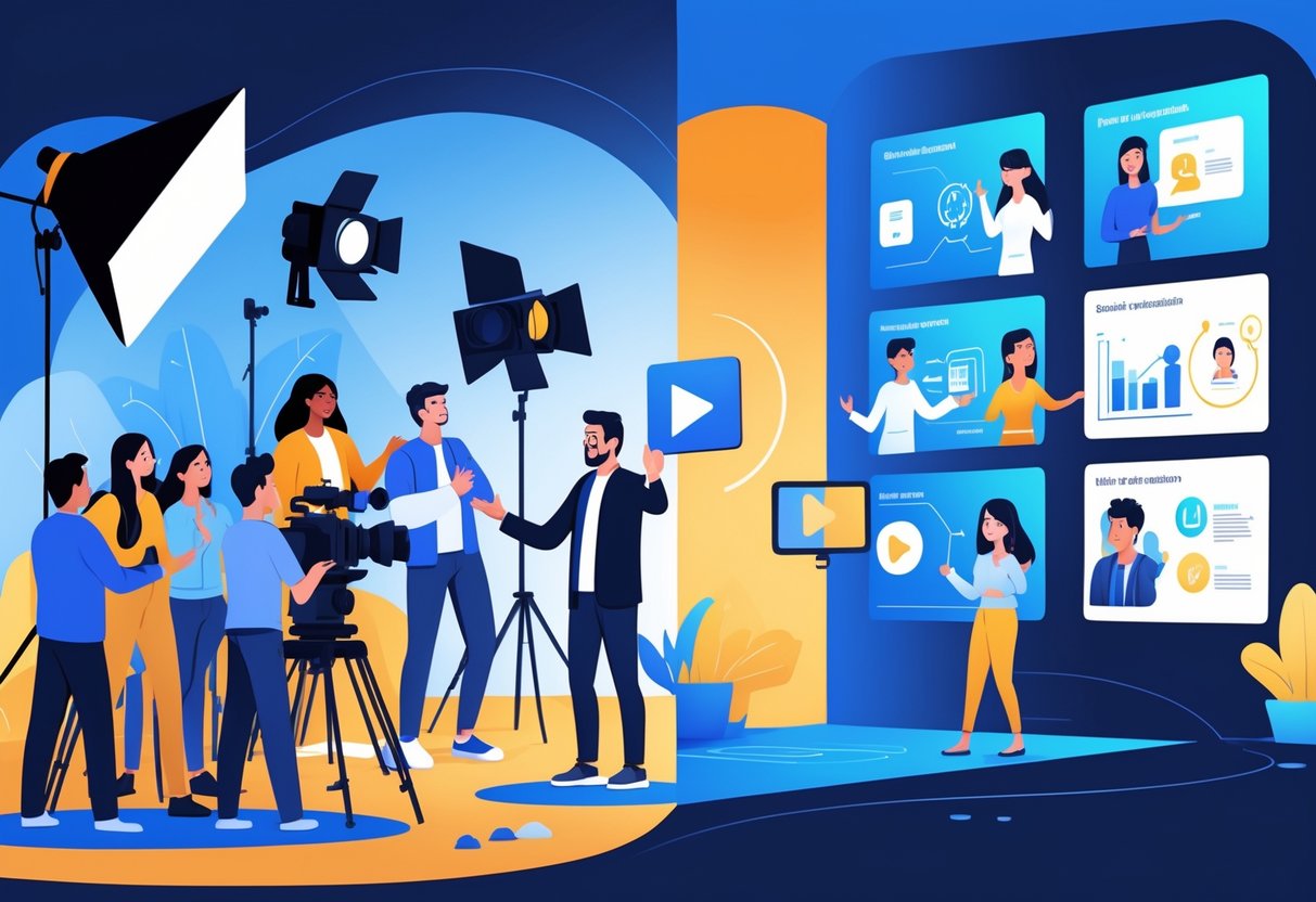 A scene showing a film set with people acting and filming on one side, and animated characters with icons on screens on the other side, illustrating a comparison between live action and explainer videos.