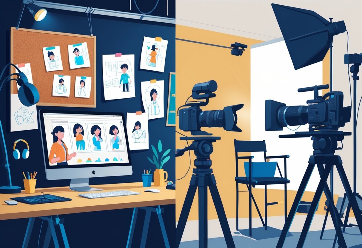 A workspace split into two parts showing an animation studio with digital tools and storyboards on one side, and a live action video shoot with camera and lighting equipment on the other.