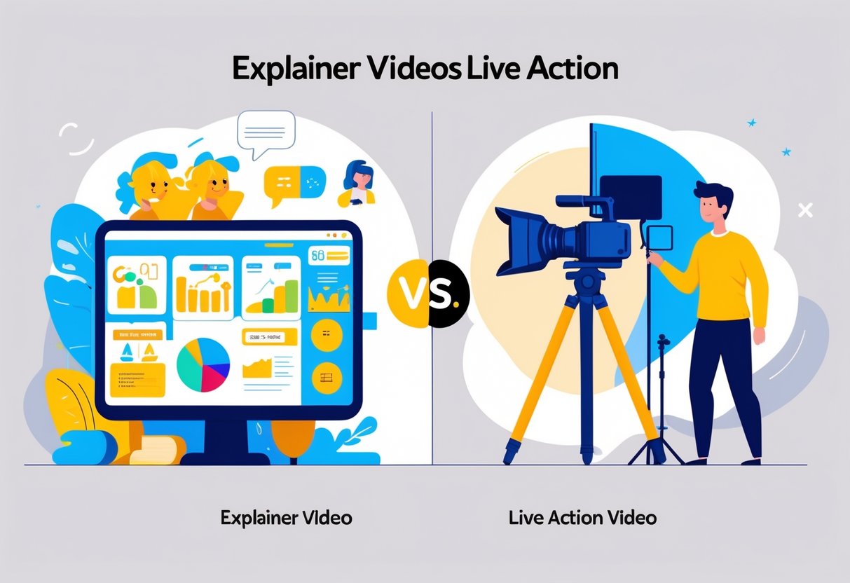 A split scene showing a colourful animated explainer video on one side and a live action video shoot with a camera and actor on the other side.