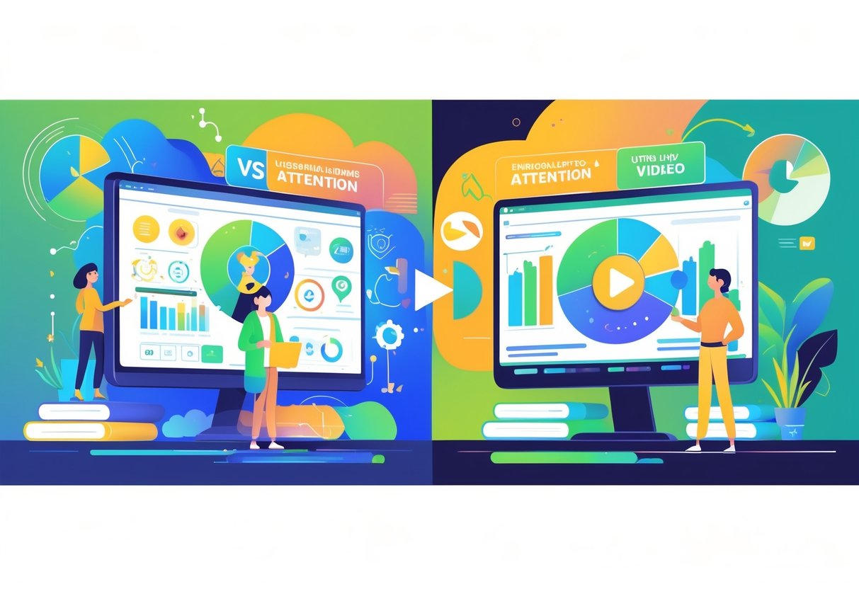 A split scene showing an animated explainer video on one side and a person speaking in a live action video on the other, with floating graphs and attention indicators between them.