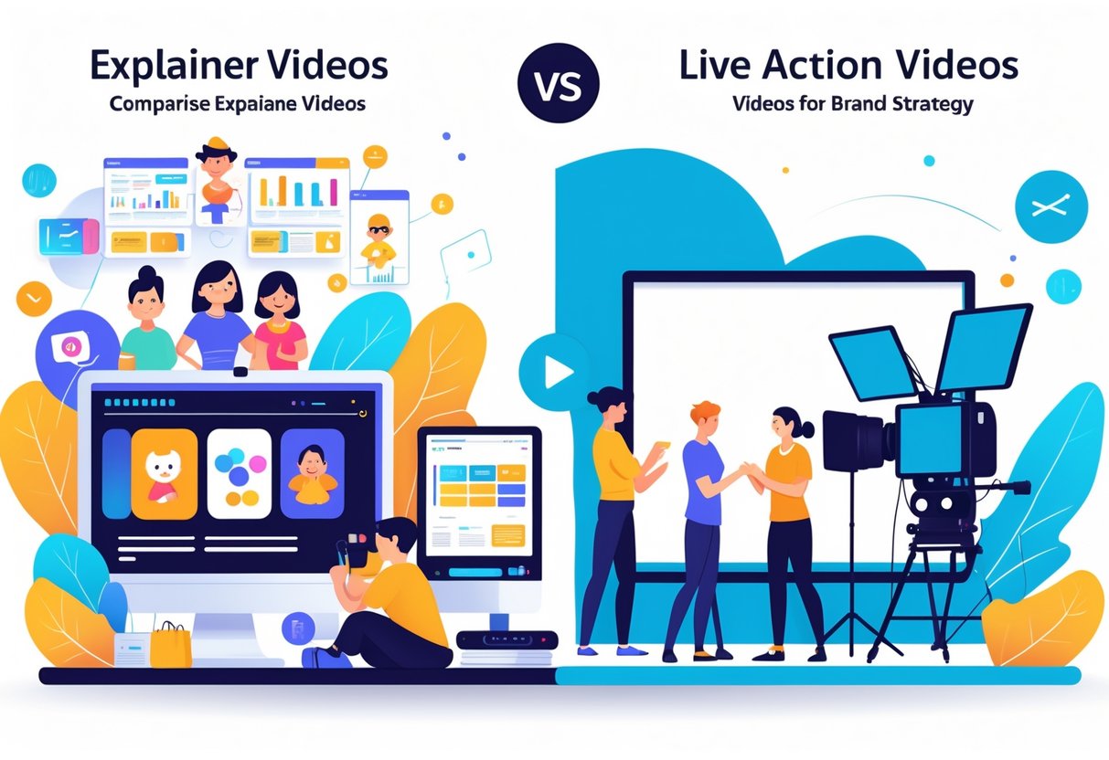 A split scene showing animated characters and digital tools on one side, and a film crew with actors and cameras on the other, representing explainer videos versus live action videos for brands.