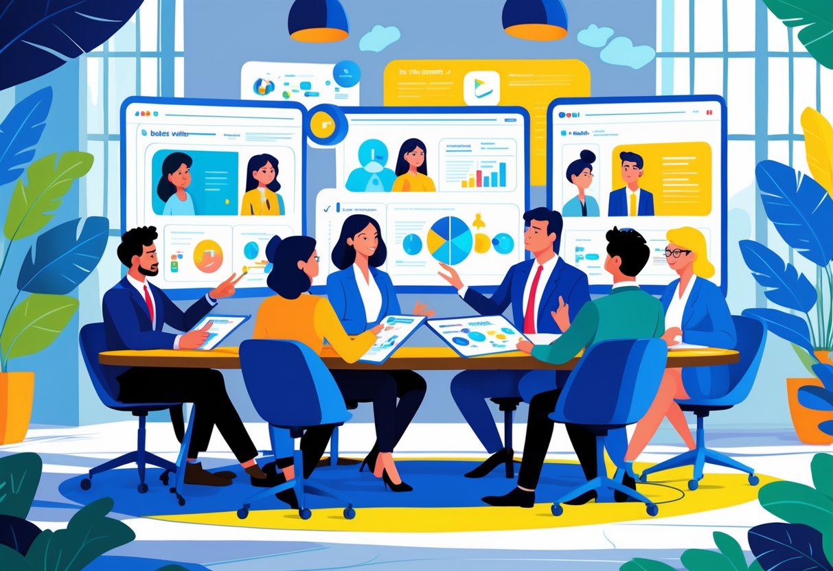 A group of professionals in a modern office discussing animated video concepts around a conference table with digital tablets and storyboards.