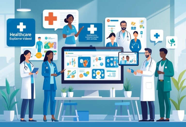 Healthcare professionals using digital devices displaying medical graphics in a modern medical office representing different types of healthcare explainer videos in the UK.