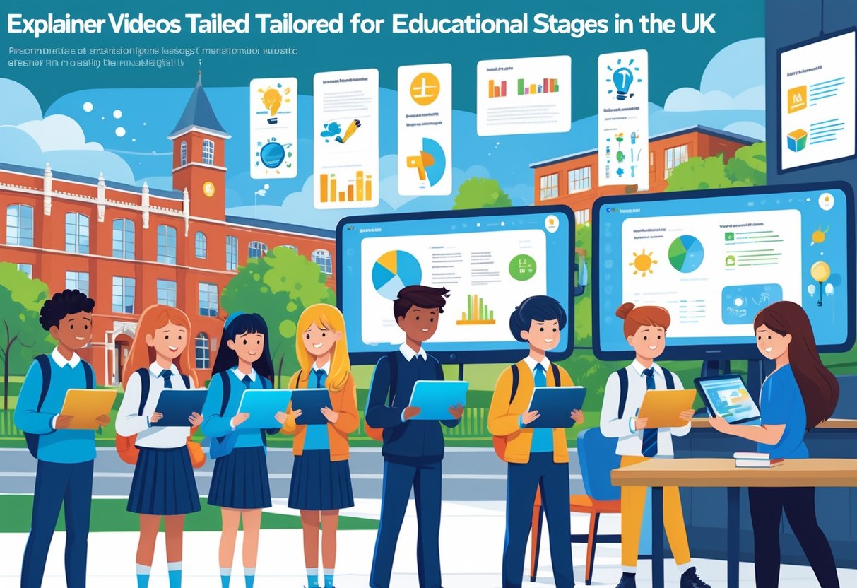 A diverse group of students of different ages using digital devices in various UK educational settings, including a school and a university campus.