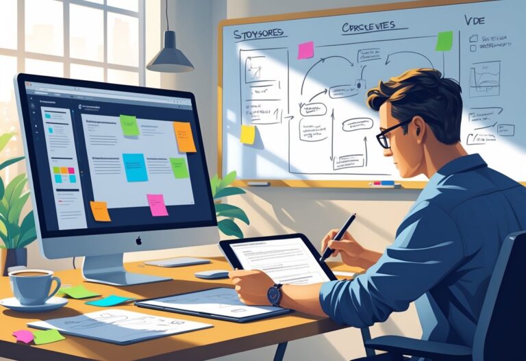 A person working at a desk with a computer, notebook, and whiteboard filled with sketches and notes, focused on creating an explainer video script.
