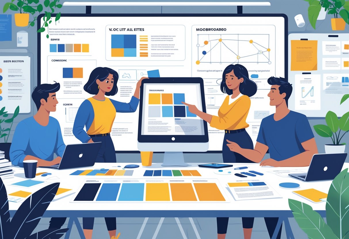 A group of people working together around a table with sketches, colour samples, and digital devices in a bright office space.