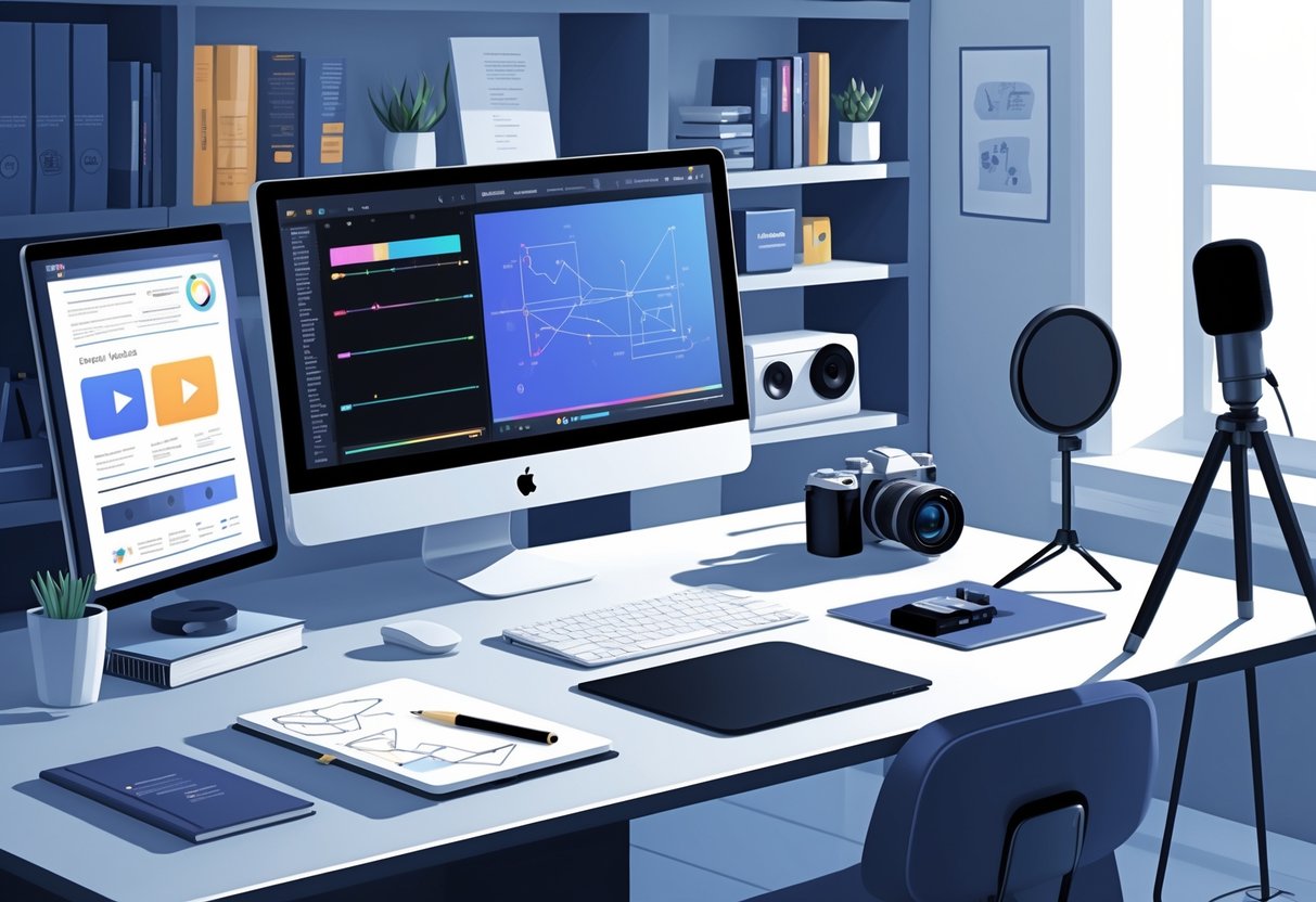 A workspace with video editing software on a monitor, a graphics tablet, camera, microphone, and notebook arranged on a desk.