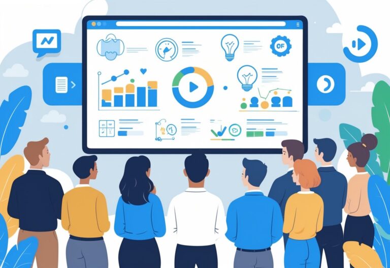 People watching an animated explainer video on a large screen using clear visuals and icons without sound.