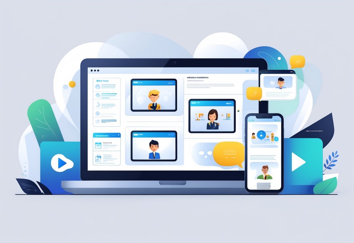 Multiple digital devices showing animated video frames with icons and graphics illustrating silent explainer video formats.