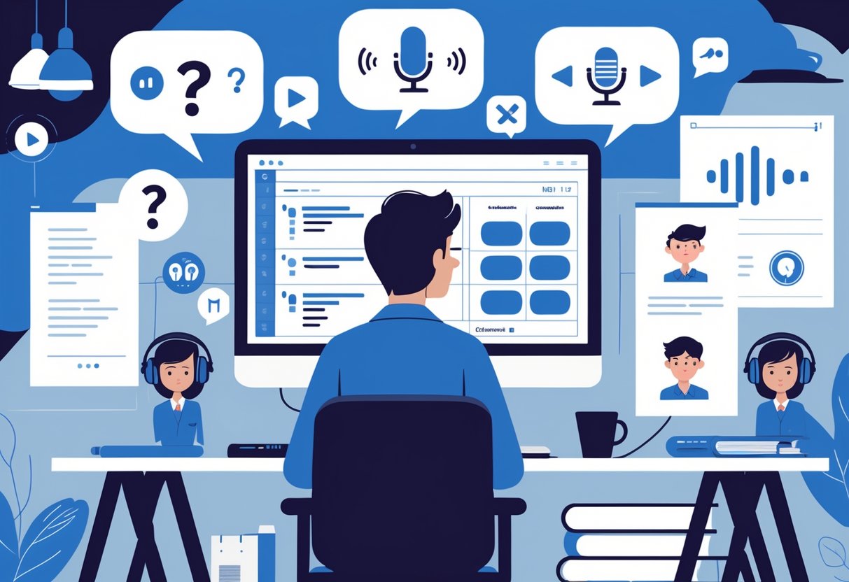 A person at a computer workspace looking thoughtfully at a video timeline, surrounded by muted microphone icons, speech bubbles with question marks, and storyboard sketches, illustrating challenges of making explainer videos without voiceover.