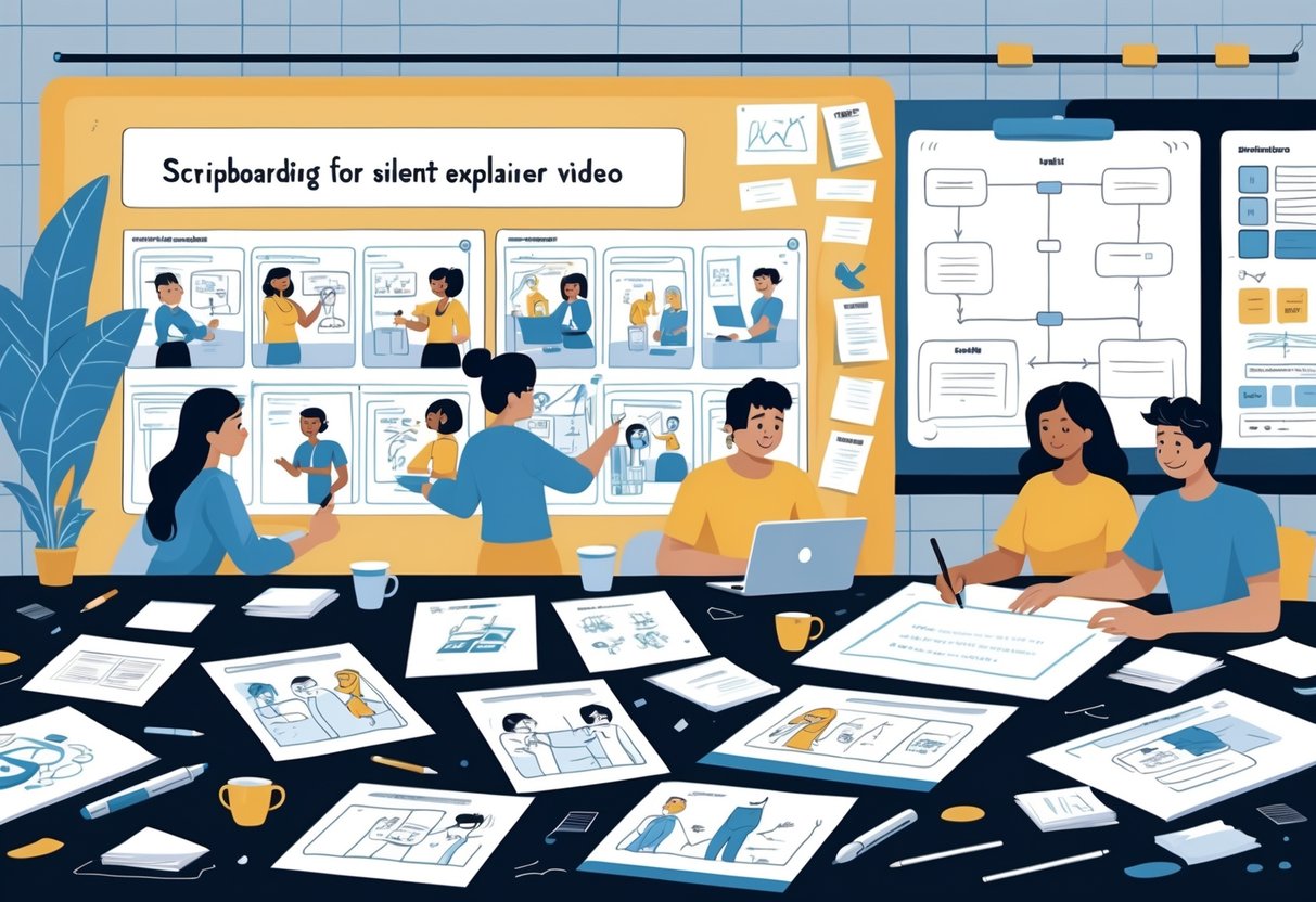 A group of people collaborating around a table covered with storyboard sketches and notes, working on planning a silent explainer video.