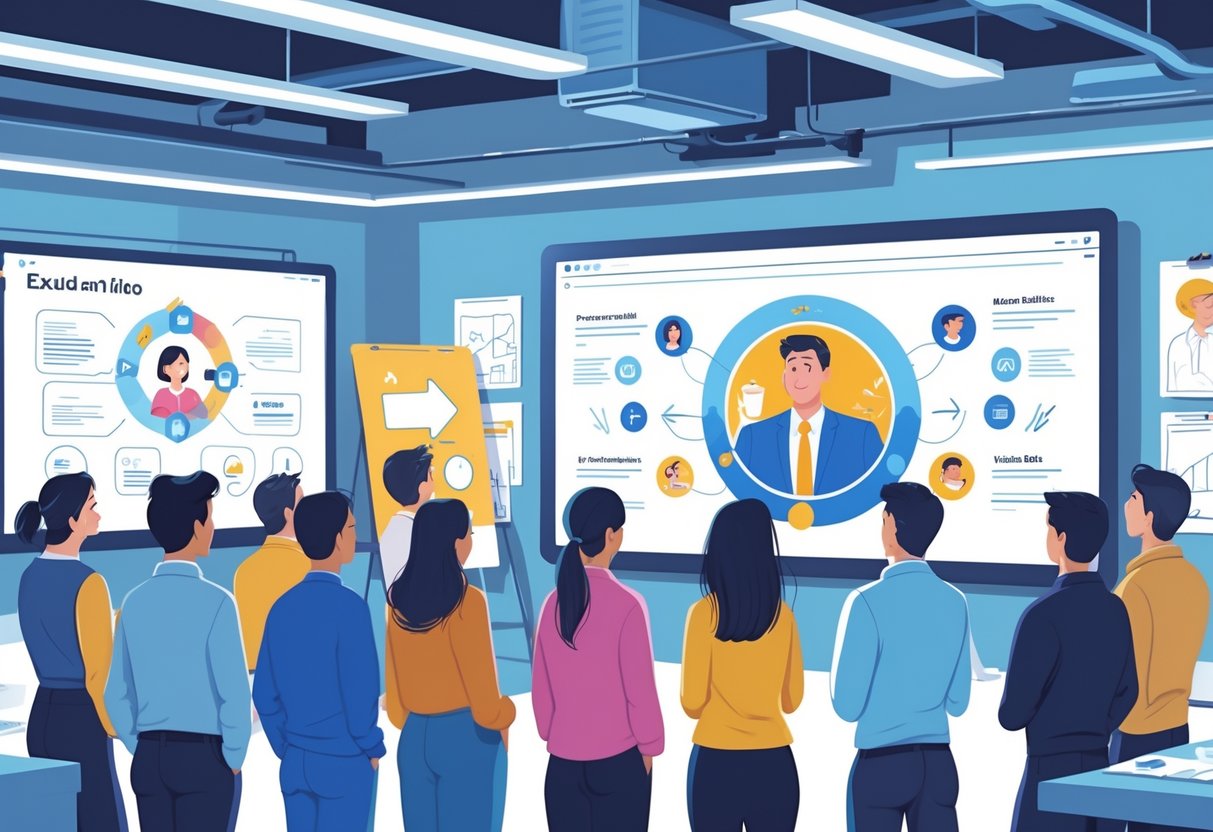 People watching an explainer video on a large screen using expressive animations and visual cues to communicate without sound in a modern office setting.