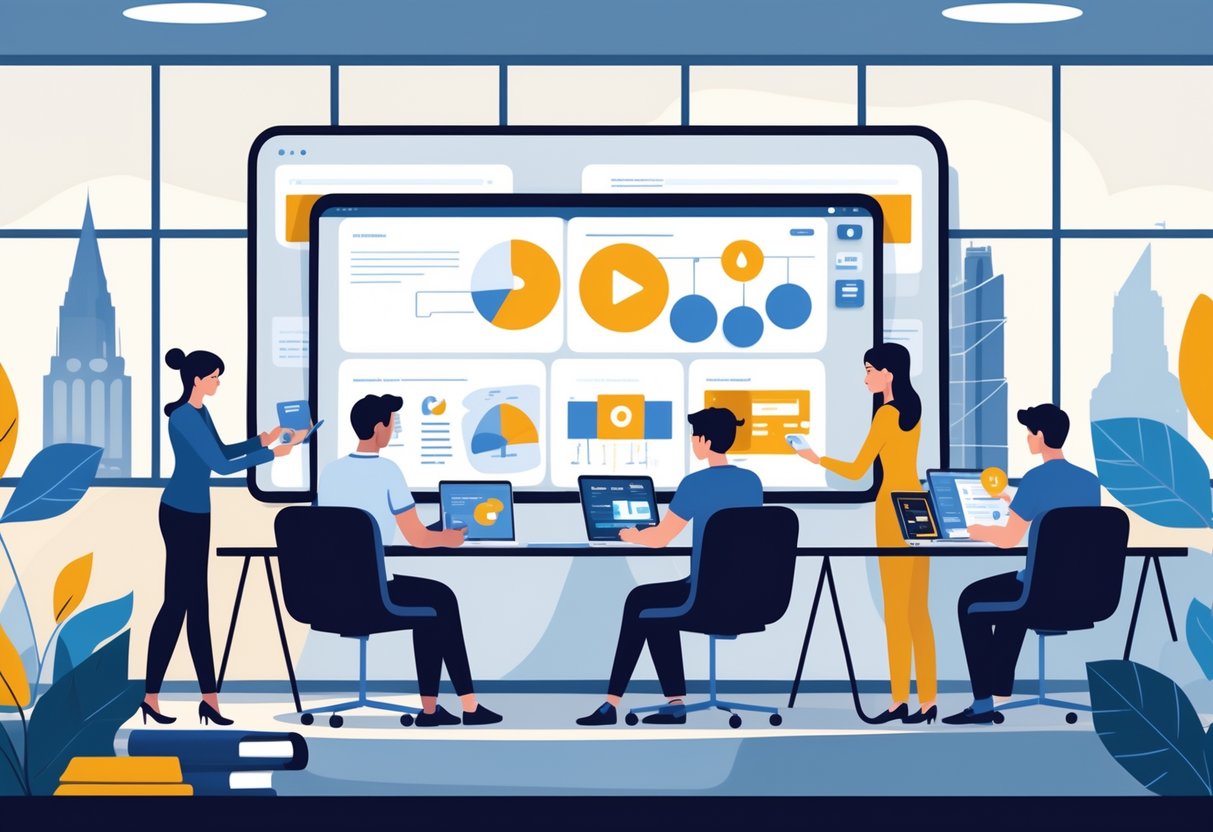 A team of creative professionals working together in an office, reviewing animated visual content on screens without any speech or voice elements.