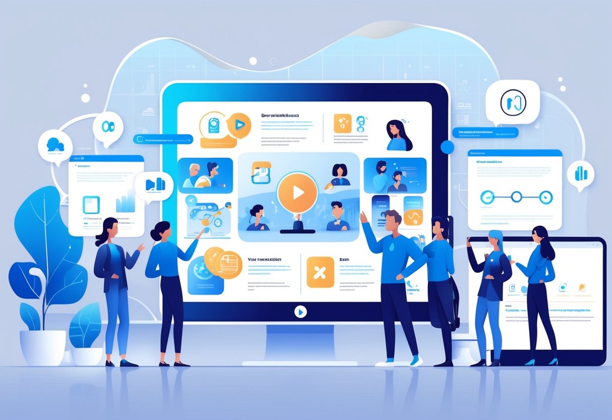 A futuristic digital workspace with people interacting with animated icons and silent video elements on a large transparent screen.