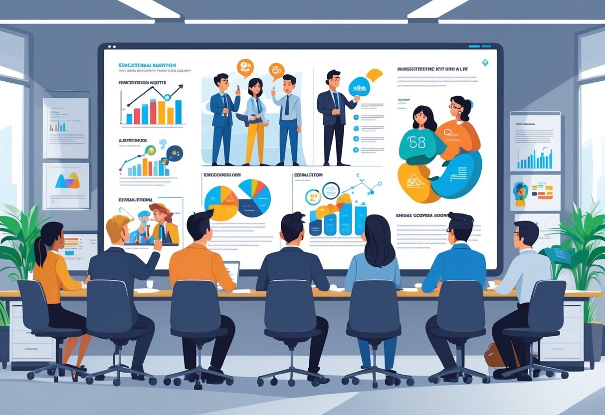 A group of employees in a training room watching animated visuals on a large screen as part of corporate learning.