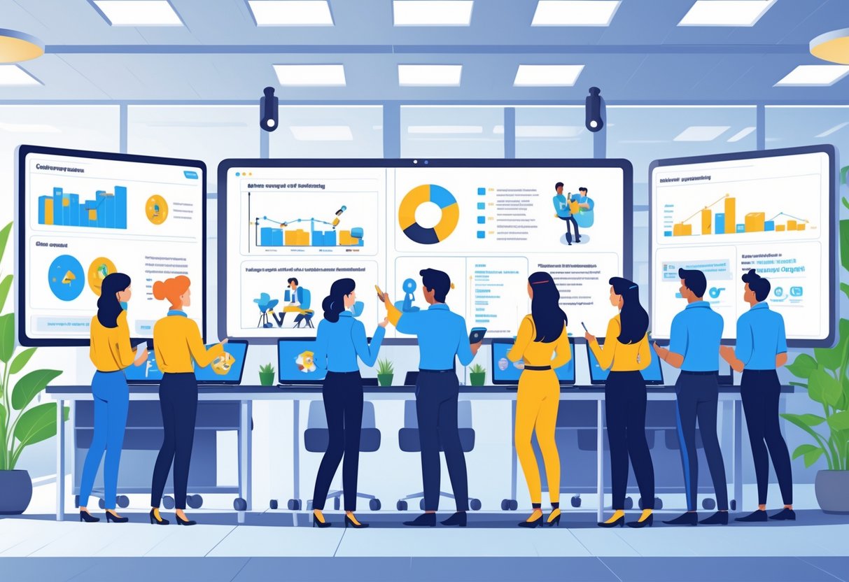 A group of diverse employees in a corporate training room watching animated learning content on large screens, using laptops and tablets, engaged in interactive training activities.