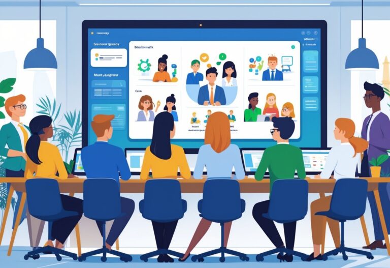 New employees watching an animated onboarding presentation together in a bright office setting.