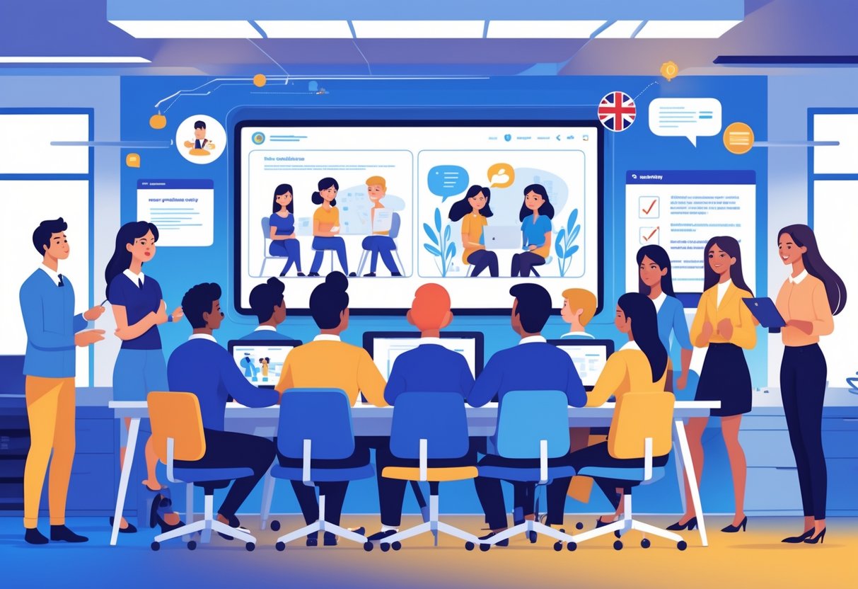 A group of new employees in a UK office watching an animated presentation on a large screen while colleagues welcome and support them.