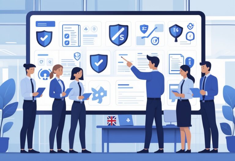 A group of people in a training room focusing on a digital screen showing health and safety symbols with UK-related elements in the background.