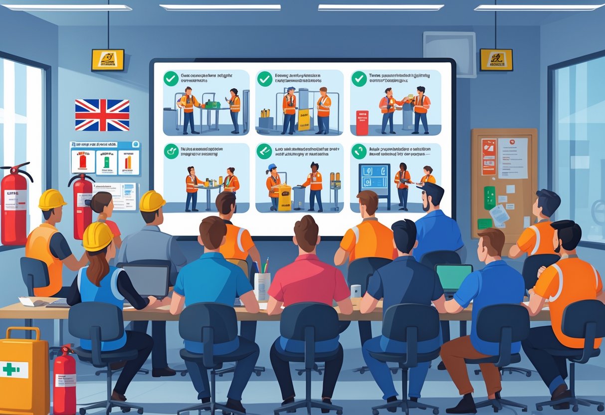 A group of diverse workers watching an animated health and safety training presentation in a workplace with safety equipment and UK-themed details.
