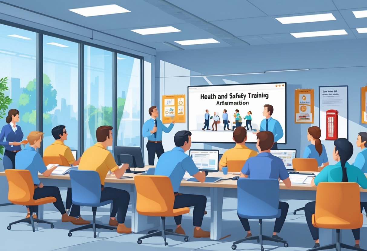 A group of employees watching an animated health and safety training video together in a modern UK office.