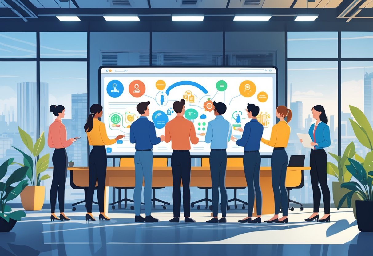 A group of new employees in an office watching an animated presentation on a large screen during an onboarding session.