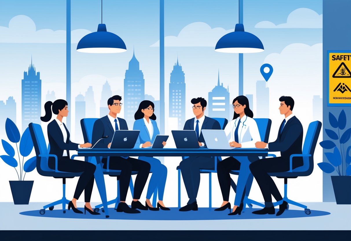A group of professionals discussing health and safety animation around a conference table in an office with a city skyline visible through the window.