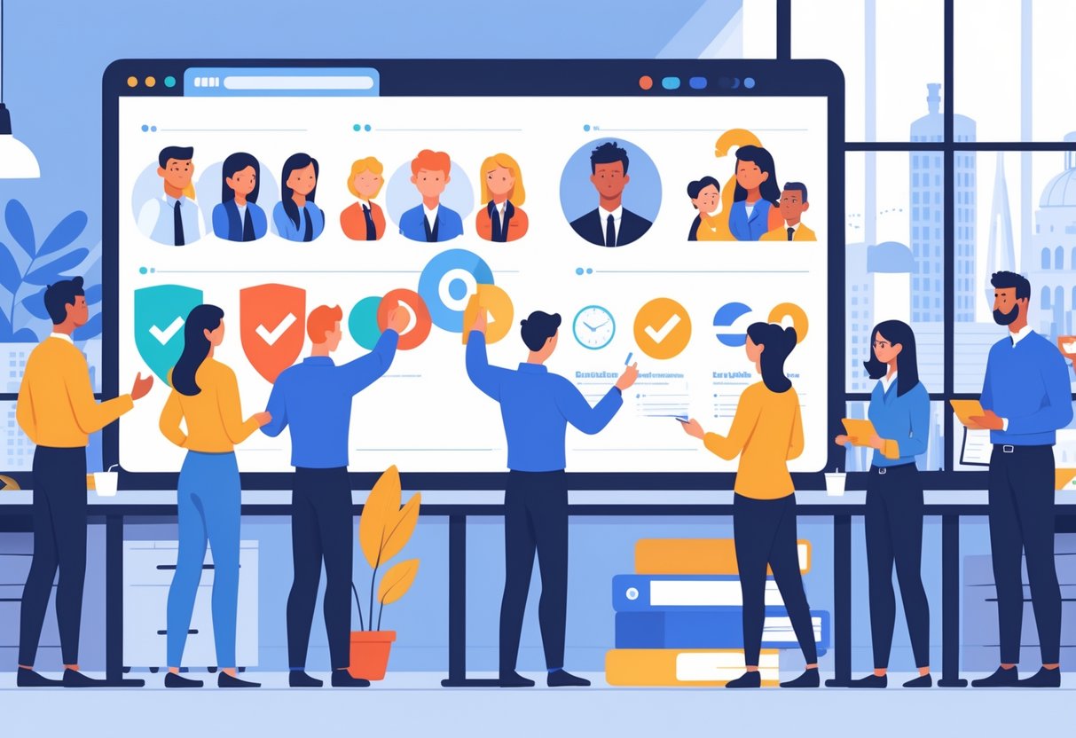 A group of employees in an office working together on a large screen showing animated characters and compliance icons, with a view of London in the background.