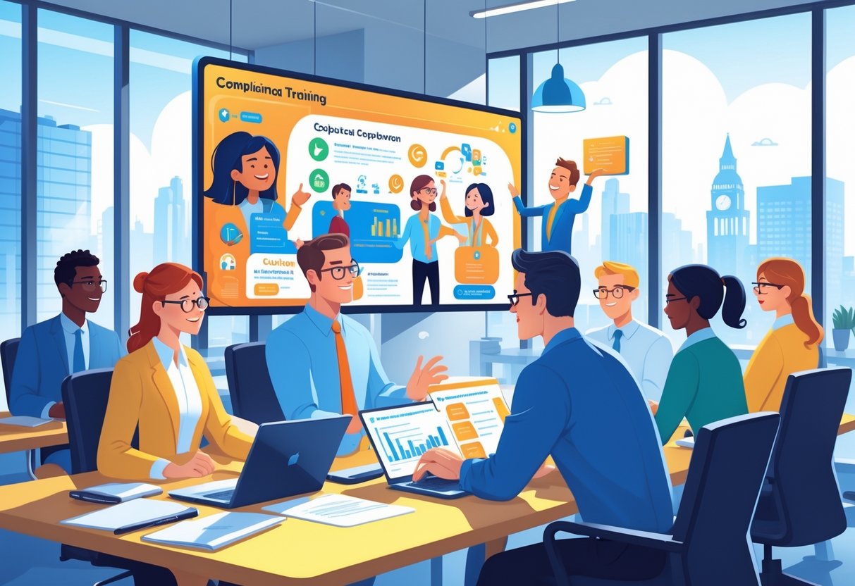 A group of office employees in the UK attentively participating in an animated compliance training session in a modern office.