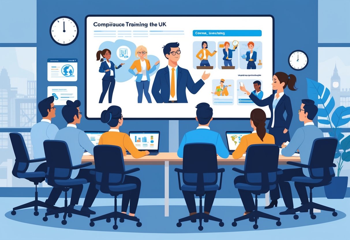 A group of employees in an office watching an animated compliance training presentation on a large screen, with a trainer pointing at the display.