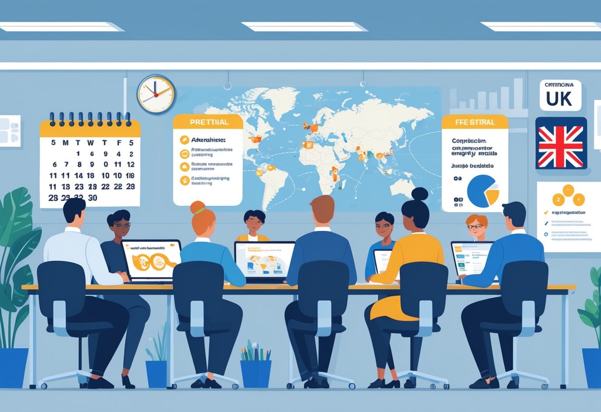 Employees in an office using laptops and tablets to view animated compliance training, with symbols representing cost, accessibility, and free trials, set in a UK workplace.