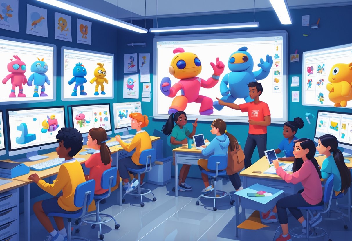 A group of secondary school students working together on 3D animation projects in a classroom with computers and screens showing animated models, guided by a teacher.
