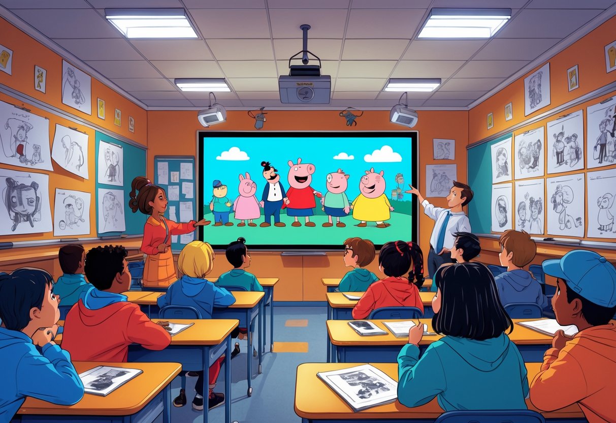 A secondary school classroom in the UK with students watching British animated characters on a screen while a teacher points at the display.
