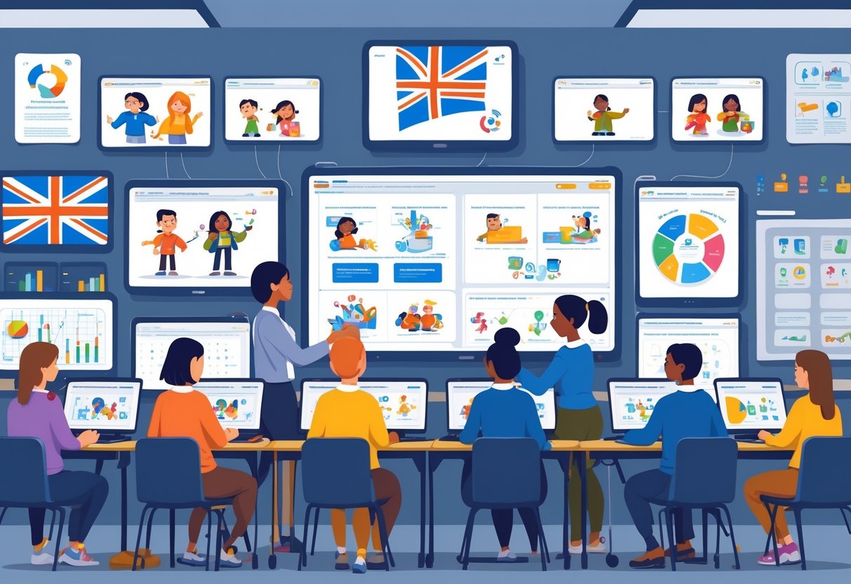 A group of teachers in a classroom using digital devices and screens showing different types of educational animations for training.