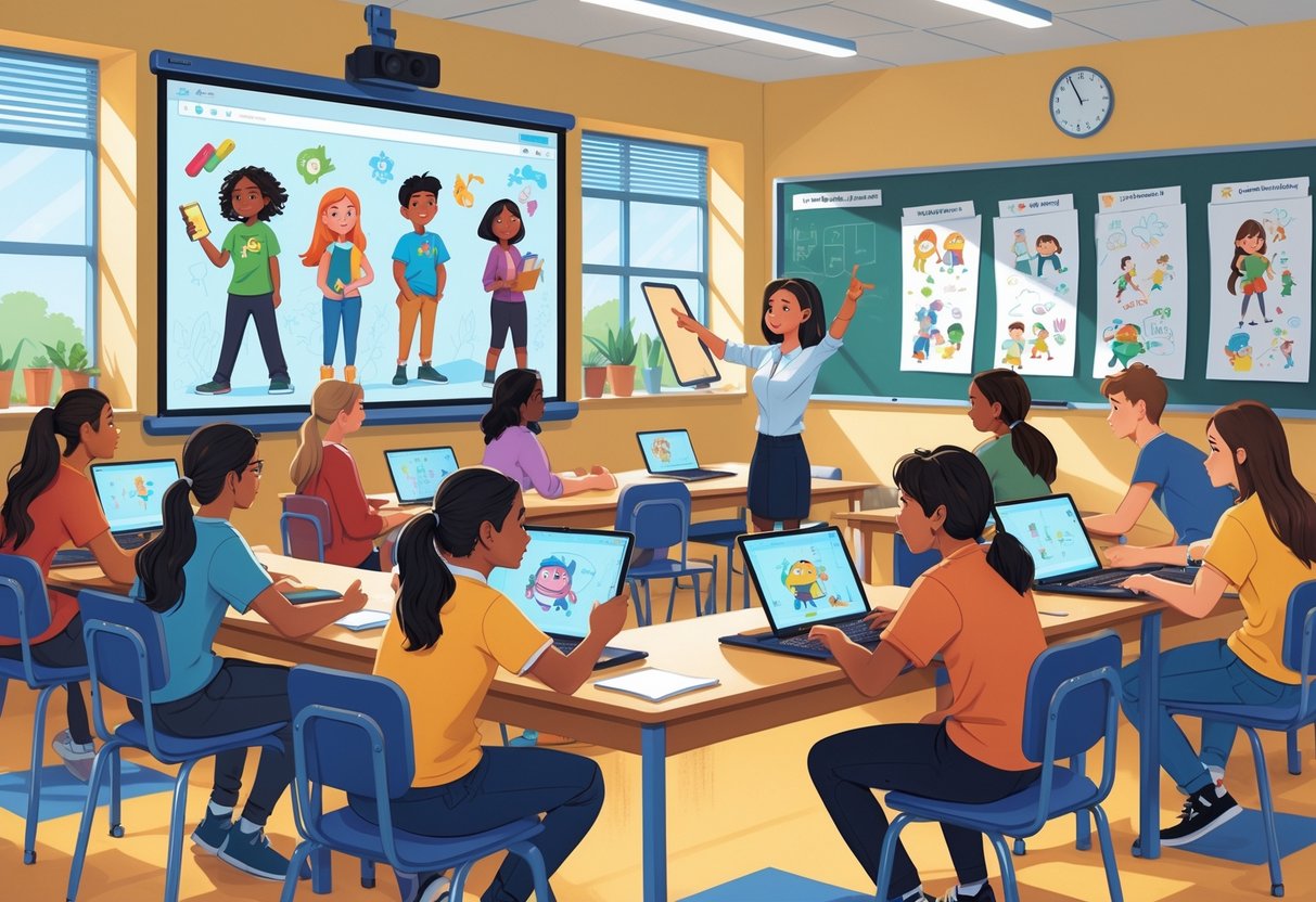 A teacher leading a group of secondary school students working on animation projects in a classroom.