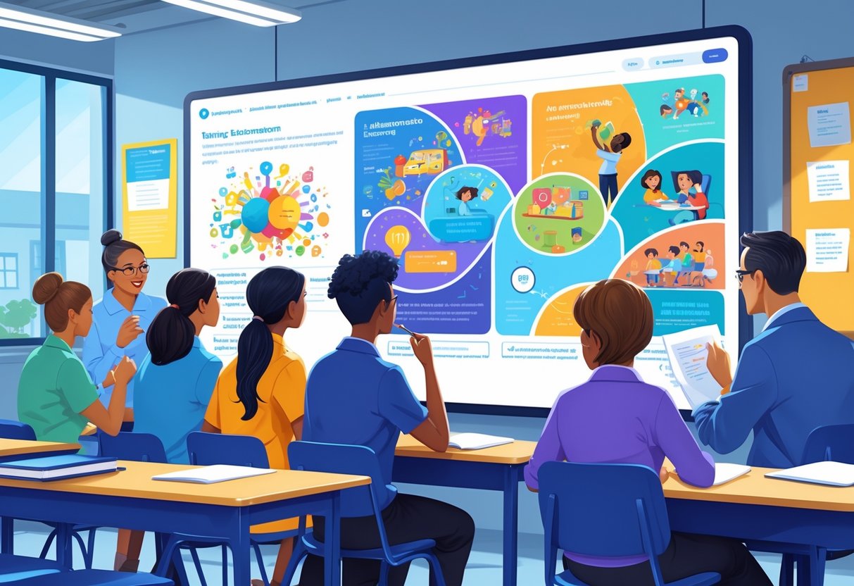 A group of teachers in a classroom watching animated educational content on a large screen during a training session.