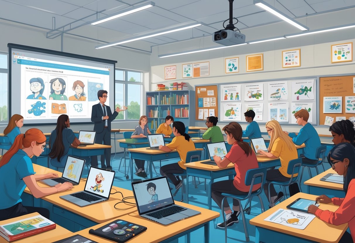 A secondary school classroom in the UK where students work on animation projects using laptops and drawing tablets, guided by a teacher.