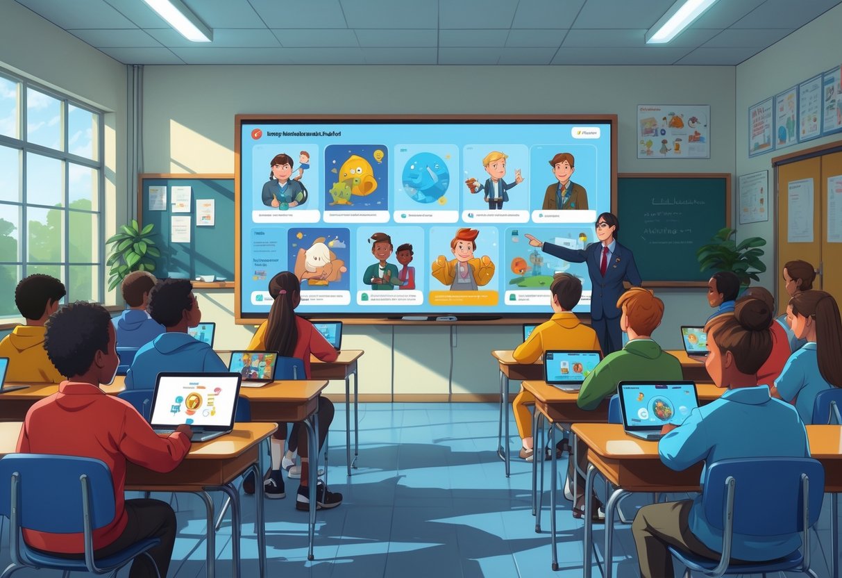 A secondary school classroom with students using laptops and tablets to watch educational animations while a teacher points to a digital screen at the front.