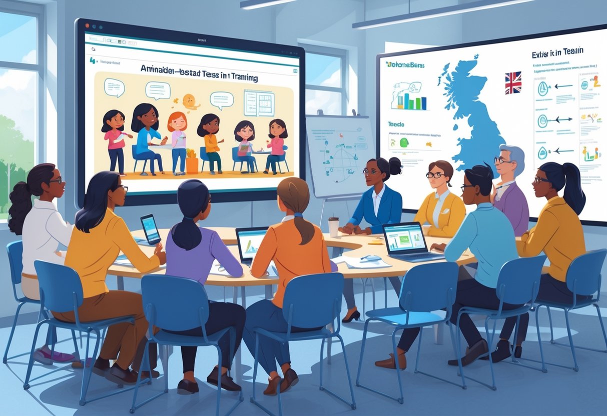 Teachers in a classroom watching an animated video on a large screen, discussing and taking notes during a training session.